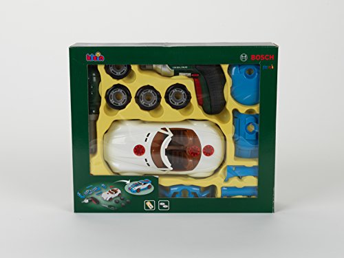 Theo Klein 8668 Set de tuneado Bosch, Coche desmontable con accesorios de tuneado, Con destornillador eléctrico Ixolino a pilas, Medidas: 20.5 cm x 9.5 cm x 6 cm, Juguete para niños a partir de 3 años