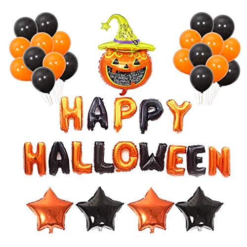 TINGYU Conjunto De Halloween Decoración De Globos De Látex Globo del Partido Traje Negro Cabeza De Color Naranja Feliz Halloween Cartas De Papel De Aluminio