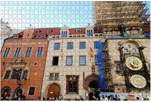 Turistas abarrotados visitan el reloj astronómico de Praga en la ciudad vieja de Praga en rompecabezas de madera Rompecabezas educativos Rompecabezas creativos de regalo 75 * 50 cm 1000 piezas