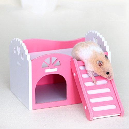 UEETEK Casas de madera para hámsters animales pequeños Casas para roedores (Rosa)