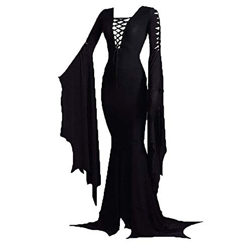 Updayday Vestido de Piso de Morticia Addams para Mujer Disfraz de Bruja Sexy Vestido gótico Vintage Halloween Carnaval Fiesta Cosplay Disfraces