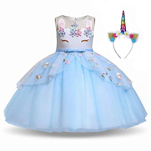 Vestido de fiesta de unicornio con diadema para niñas de 3 a 10 años
