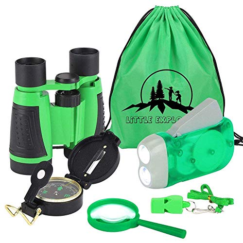 VGEBY1 Explorador de la Naturaleza para Niños : Binoculares, Linterna, brújula, Silbato, Lupa y Mochila con cordón. Young Explorer Toys Kit para Jugar afuera o en el Patio - 4 Colores(Verde)