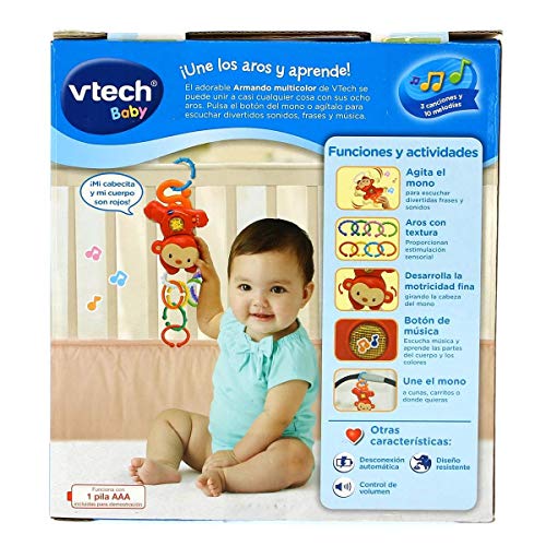 VTech - Armando multicolor, Monito interactivo que habla, canta y emite sonidos cuando el bebé lo agita, sonajero y 8 anillas con diferentes texturas, válido para silla paseo, coche (80-185522)