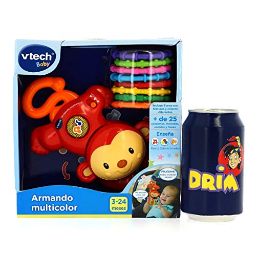 VTech - Armando multicolor, Monito interactivo que habla, canta y emite sonidos cuando el bebé lo agita, sonajero y 8 anillas con diferentes texturas, válido para silla paseo, coche (80-185522)