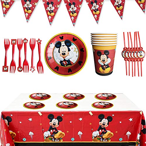 WENTS Set de Fiesta de cumpleaños de Mickey 26PCS Disney Mickey Mouse Party Decoration Set Platos Tazas Servilletas Pack de Fiesta reciclable Mickey Mantel Sirve para 6 Invitados