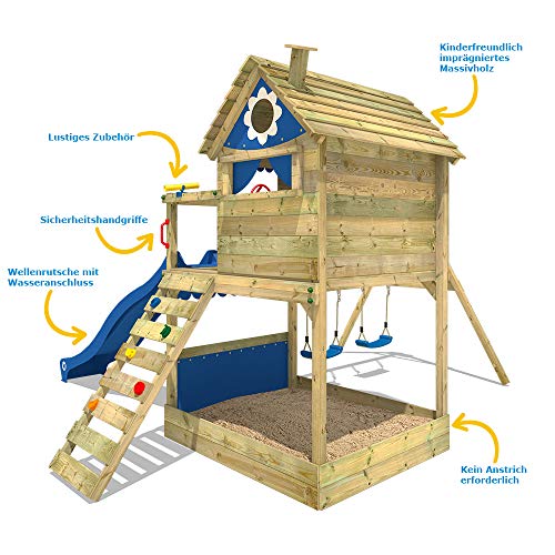WICKEY Parque infantil de madera Smart Seaside con columpio y tobogán azul, Casa de juegos de jardín con arenero y escalera para niños