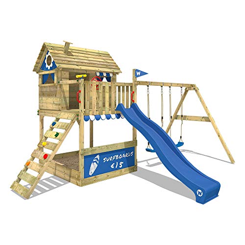 WICKEY Parque infantil de madera Smart Seaside con columpio y tobogán azul, Casa de juegos de jardín con arenero y escalera para niños