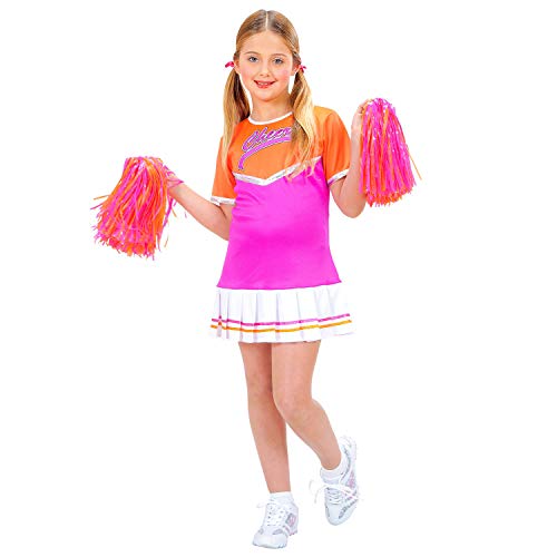 WIDMANN-CHEERLEADER orange/pink (Kleid, 2 Pom Poms) 42017 – Disfraz infantil de animadora, vestido con 2 pompones, deporte, escuela, colegio, carnaval, fiesta temática, color naranja/rosa