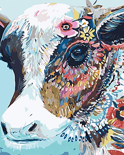 WONZOM Pintura por Números para Adultos y Niños DIY Acrílica Pintura al óleo sobre Lienzo - Vaca Colorida Animales (16 * 20 Pulgadas, Sin Marco)