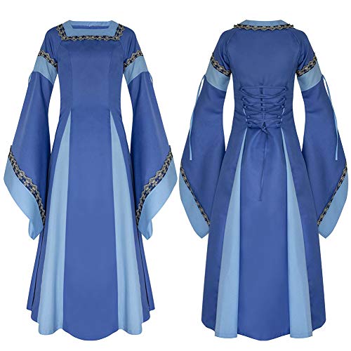 WTZWY Vestido Real Medieval Largo de una Pieza para Mujer, Vestido Retro de Manga Belle renacentista, Disfraz de Halloween Vintage,Azul,L