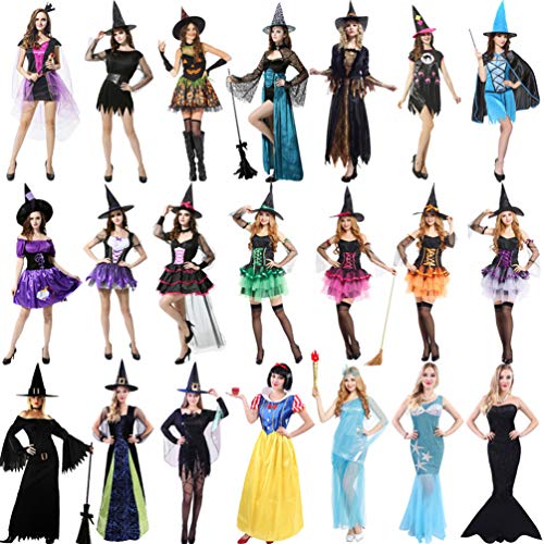 YuanDian Mujer Halloween Disfraces De Brujas Vestidos Capa Sombreros Conjuntos Cosplay Sencillo Vestirse Adultos Maquillaje Disfraz de Carnaval Traje De Bruja 15# Sirena Negra 160-175