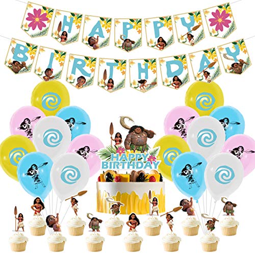 YUESEN Moana Decoración Globos de Fiesta Látex Balloons Happy Birthday Banner Cake Topper Suministros de Fiesta Decoración Cumpleaños de Moana para Niños 30 Piezas