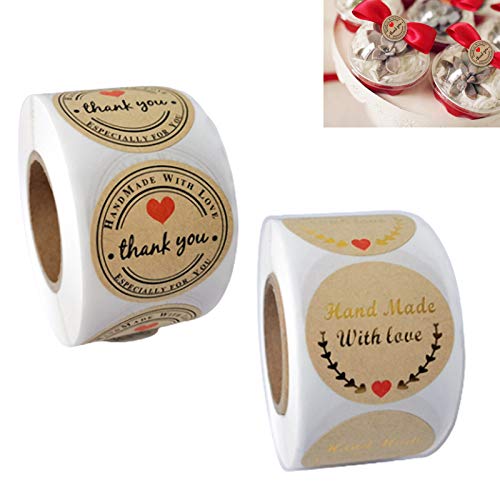 Yunnan 1 rollo/500 pegatinas de agradecimiento, hechas a mano con amor, etiquetas redondas de papel para sobre, cumpleaños, horneado, negocios, Navidad, decoración de bodas
