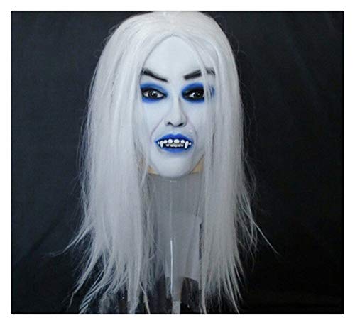 Z-one 1 M¨¢scara espeluznante espeluznante de l¨¢tex de bruja de pelo blanco, Fiesta de Halloween con dientes de miedo de zombies dentudos Boca azul