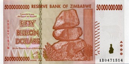 Zimbabwe 50Ã‚Â Billion Dollar Bank Note Bill Money Inflation Record Currency Note by Zimbabwe Central Bank