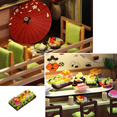September-Eur ope -DIY 1:24 Montado a Mano Estilo Japonés Sushi Shop Miniatura de Madera Creativa Casa de Muñecas DIY Kit Montado para Regalo de Cumpleaños con Luces LED