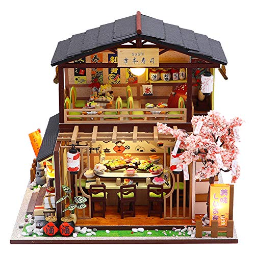 September-Eur ope -DIY 1:24 Montado a Mano Estilo Japonés Sushi Shop Miniatura de Madera Creativa Casa de Muñecas DIY Kit Montado para Regalo de Cumpleaños con Luces LED