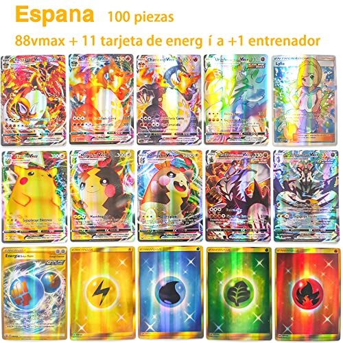 100 Cartas Pok V-VMAX Español - Contienen 88 Cartas VMAX 11 Energy Card 1 Entrenador - de Alta Potencia Aleatorias - V-VMAX Español VMax Gigamax - Carta Coleccionables