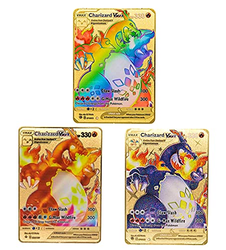 3 tarjetas de Pokémon raras coleccionables de metal dorado (3 Charizard VMAX)