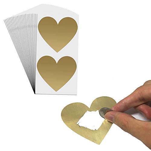 50 Piezas, Pegatinas Rasca de Corazón (Scratch Sticker) - 8 x 7 cm, Oro