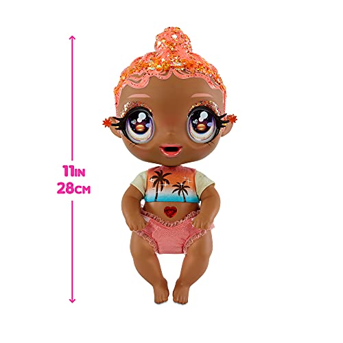 Glitter Babyz Muñeca Solana Sunburst - Con 3 cambios de color mágicos, pelo rosa coral y vestido tropical - Incluye pañal, biberón y chupete reutilizables - Para coleccionar - Edad: 3+ años