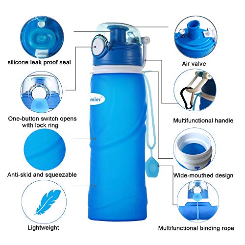 Kemier Botellas de Agua de Silicona Plegables–750ML,Calidad Médica Libre de BPA,Aprobado por FDA.Enrollarse,Botellas de Agua Plegables a Prueba de Fugas para el Aire Libre y Deportes(Azul)
