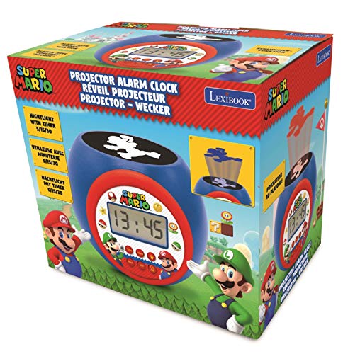 Lexibook Reloj despertador con proyector Super Mario & Luigi - Alarma con función de repetición, luz nocturna con temporizador, pantalla LCD, batería, RL977NI