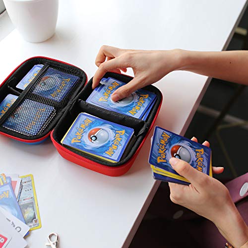 Más de 400 tarjetas caso compatible para tarjetas de comercio Pokemon con correa de mano y divisor, azul y rojo