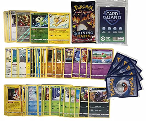 Pok - Lote de 50 tarjetas de Pokemon sin doble (incluye 1 Pokemon Booster aleatorio), 2 tarjetas brillantes de regalo, 1 tarjeta Rare + 100 Heartforcards® Card Guard Sleeves