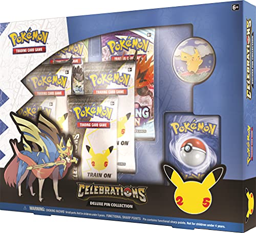 Pokémon, Caja de Pines Deluxe de Celebraciones (25 Aniversario), Juego de Cartas para 2 Jugadores a Partir de 6 años, más de 10 Minutos de Tiempo de Juego