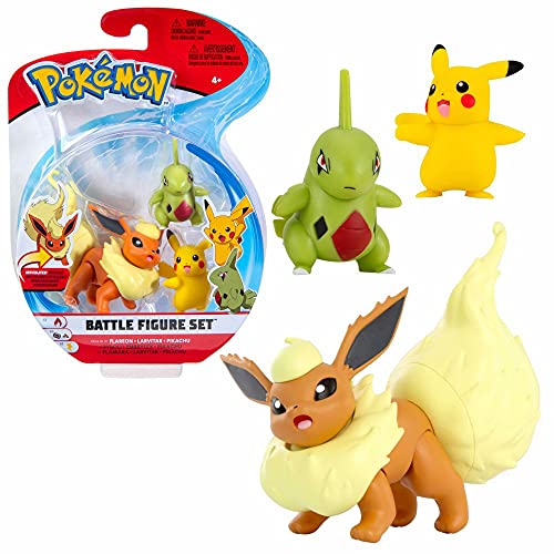 Pokemon Selección Battle Figures | Conjunto de 3 Juego de Figuras de Acción, Figuras del Juego:Flareon. Larvitar & Pikachu
