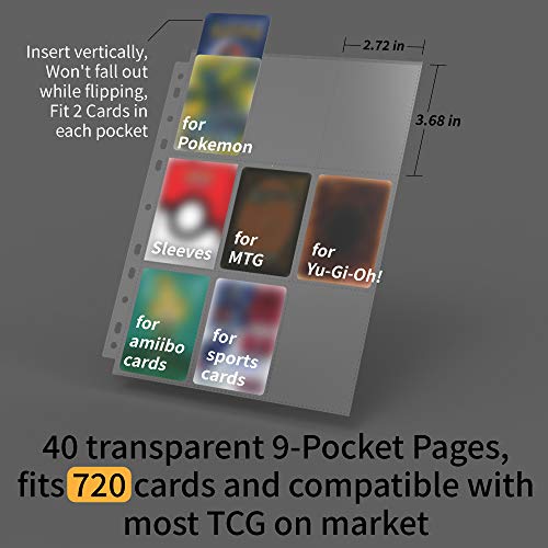 Rayvol Carpeta de tarjetas 720 de 9 bolsillos, compatible con 720 tarjetas con 40 fundas incluidas, soporte para álbum de coleccionista de tarjetas para TCG