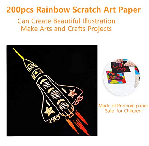 Scratch Art Paper 200 Hojas con 10 Plantillas Dibujos 2 Lápices Azules, Manualidades Rascar Rainbow Mini Bloc de Notas Mágico para Pascua Halloween Navidad Fiesta Cumpleaños Regalo (básico)