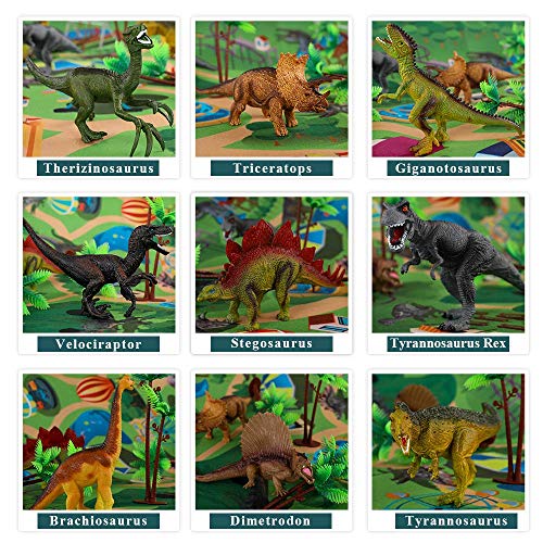 TEMI figura de dinosaurio de juguete con alfombrilla de juego y árboles, juego educativo realista de dinosaurios para crear un mundo dinosaurio incluyendo T-Rex, Triceratops, Velociraptor