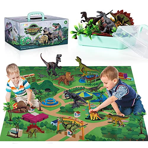 TEMI figura de dinosaurio de juguete con alfombrilla de juego y árboles, juego educativo realista de dinosaurios para crear un mundo dinosaurio incluyendo T-Rex, Triceratops, Velociraptor