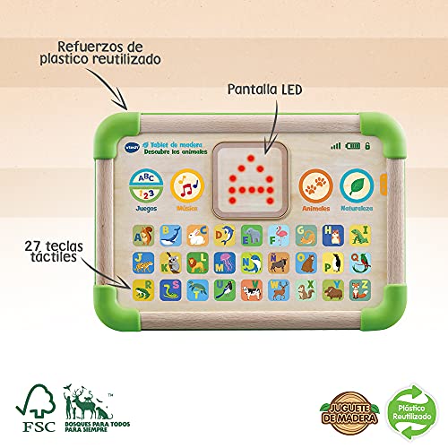 VTech Tablet Descubre los Animales, Juguete ecológico +12 Meses Fabricado en Madera certificada FSC-Versión ESP (3480-613522), Color