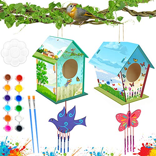 2 Juegos Casa de Pajaros Madera Carillón de Viento, Pintura Manualidades Niños, Decoración Artesanal de Madera para Actividades en el Hogar