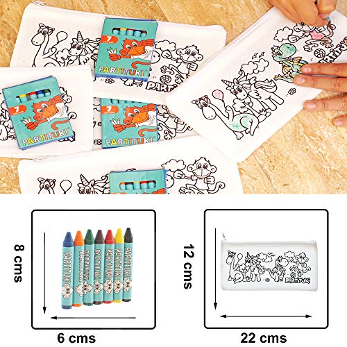 25 Estuches para Colorear Infantiles y 25 Sets de 7 Ceras de Colores Partituki. Con Certificado CE de no Toxicidad. Detalles para Cumpleaños Infantiles