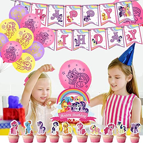 44 Piezas My Little Pony Party Celebration, My Little Pony Party Supplies, Juego de Suministros para Fiestas de Cumpleaños para Niños, Decoración de Pancartas de Cumpleaños para Niños