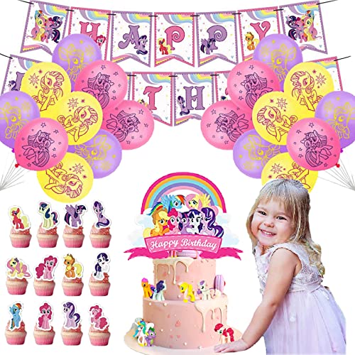 44 Piezas My Little Pony Party Celebration, My Little Pony Party Supplies, Juego de Suministros para Fiestas de Cumpleaños para Niños, Decoración de Pancartas de Cumpleaños para Niños