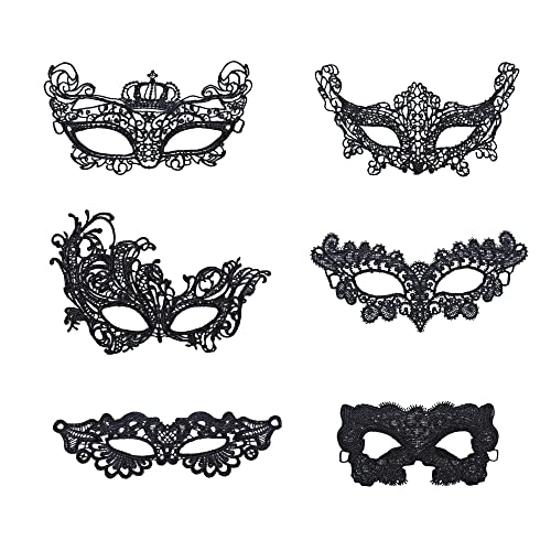 6 Piezas Máscara de Mascarada Mujeres Máscara de Ojos Veneciana Sexy Máscara de Encaje para Halloween Mascarada Carnaval Fiesta de Disfraces, Negro