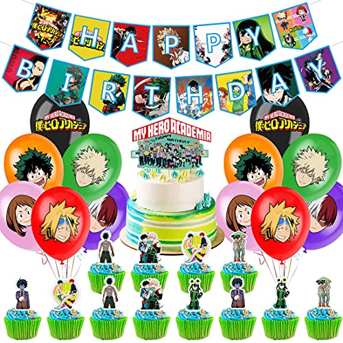 Accesorios para fiesta de cumpleaños, diseño de PAWT My Hero Academia con temática de tartas, incluye pancarta de cumpleaños,decoración de tartas, globos de látex