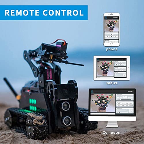 Adeept RaspTank - Robot inteligente inalámbrico WiFi para Raspberry Pi 4/3 modelo B+/B robot de seguimiento de tanque con brazo robótico 4-DOF, seguimiento de objetivos OpenCV, transmisión de vídeo