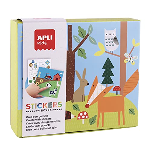 APLI Kids 18819 - Juego de gomets de distintas formas en caja de cartón modelo Bosque, juego de pegatinas para completar las ilustraciones