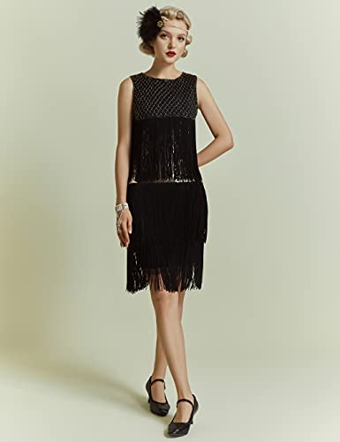 ArtiDeco - Vestido de Charleston estilo 1920 largo hasta la rodilla para mujer, vestido de fiesta de los años 20, vestido traje, Gatsby negro y dorado L