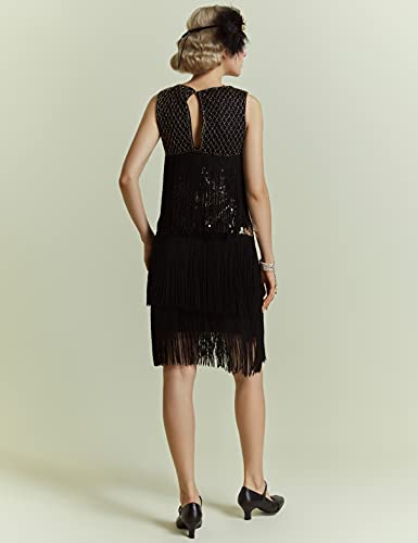 ArtiDeco - Vestido de Charleston estilo 1920 largo hasta la rodilla para mujer, vestido de fiesta de los años 20, vestido traje, Gatsby negro y dorado L