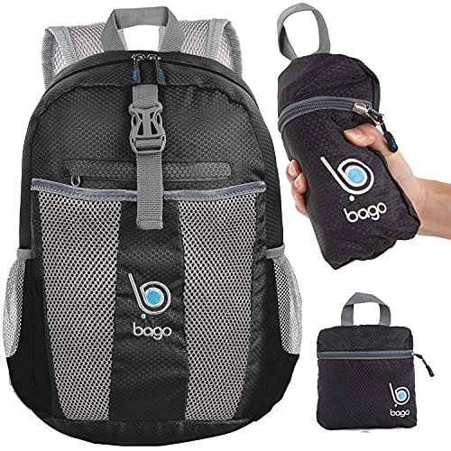 Bago 25L Lightweight Packable Backpack - Water Resistant Travel and Hiking Daypack - Foldable and Handy for Camping Outdoor Sports (Black)