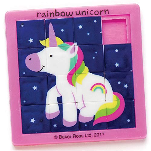 Baker Ross- Puzles deslizantes de Unicornios de Colores (Pack de 4) para Bolsas de cotillón Infantiles
