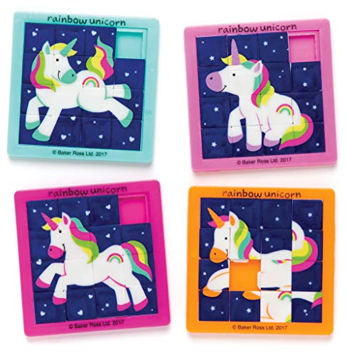 Baker Ross- Puzles deslizantes de Unicornios de Colores (Pack de 4) para Bolsas de cotillón Infantiles